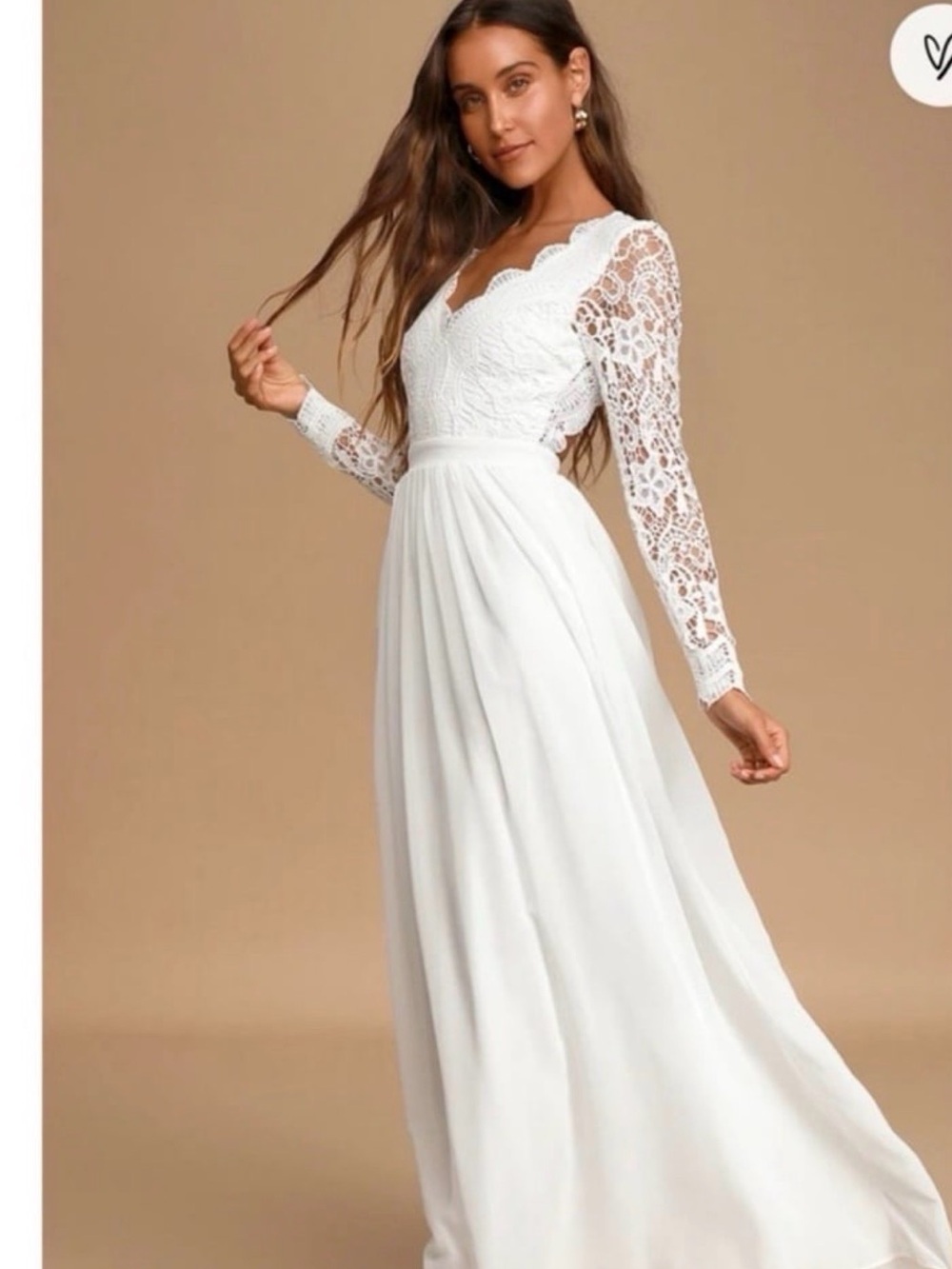 Lulu's White Lace Long-Sleeve Chiffon Wedding Gown